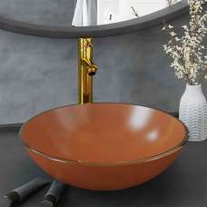 Tacoma Round Countertop Basin 420mm Wide With Gold Tap And Waste - Brown Glass - UK