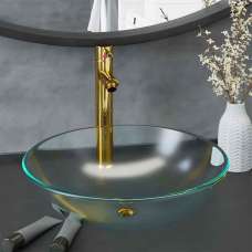 Tacoma Round Countertop Basin 420mm Wide With Gold Tap And Waste - Half Frosted Glass - UK
