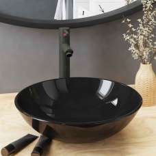 Tacoma Round Countertop Basin 420mm Wide With Grey Tap And Waste - Black Glass - UK