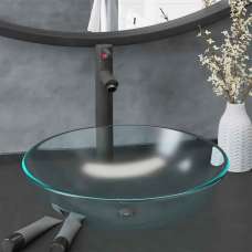 Tacoma Round Countertop Basin 420mm Wide With Grey Tap And Waste - Half Frosted Glass - UK