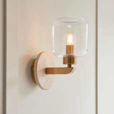 Tarrytown Clear Glass Wall Light In Natural Travertine Stone - UK