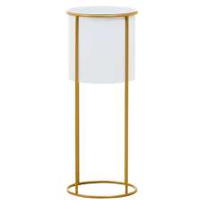 Tavira Large Metal Floor Standing Planter in White And Gold - UK