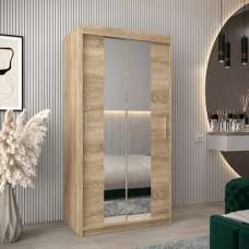 Tavira I Mirrored Wardrobe 2 Sliding Doors 100cm In Sonoma Oak - UK