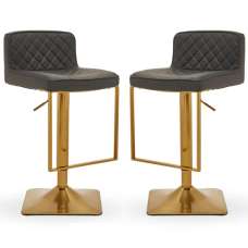 Baino Grey Leather Bar Chairs With Gold Footrest In A Pair - UK