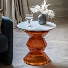Temecula Marble Round Side Table In White And Orange - UK