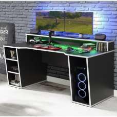 Terni Wooden Gaming Desk In Black With White Trim And LED - UK