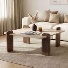 Albury Square Wooden Coffee Table in Travertine Marble Effect and Walnut - UK
