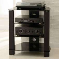 Tetonia Metal Hifi Wooden TV Stand With 4 Glass Shelves - Black - UK