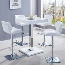 Topaz White High Gloss Bar Table With 4 Candid White Stools - UK
