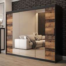 Topeka 3 Mirrored Wardrobe With 3 Sliding Doors In Dark Oak - UK