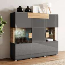 Torino High Gloss Display Cabinet 2 Doors In Grey Oak With LED - UK