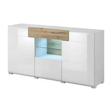 Torino High Gloss Sideboard With 3 Doors In White Oak And LED - UK