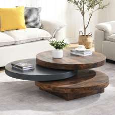 Triplo Round Wooden Rotating Coffee Table In Rustic Oak And Grey - UK