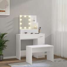 Udell Wooden Dressing Table Set In White With LED Lights - UK
