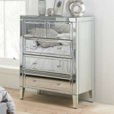 Valence Wide Mirrored Chest Of 5 Drawers In Silver - UK