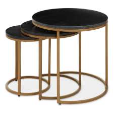 Valrico Black Marble Top Round Nest Of 3 Tables With Gold Frame - UK