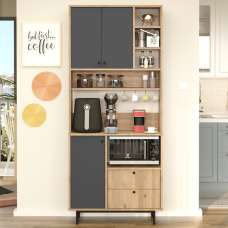 Velano Wooden Coffee Station Cabinet with 3 Anthracite Doors 4 Shelf in Oak - UK