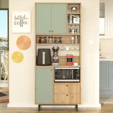 Velano Wooden Coffee Station Cabinet with 3 Green Doors 4 Shelf in Oak - UK