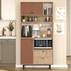 vVelano Wooden Coffee Station Cabinet with 3 Tile Red Doors 2 Shelf in Oak - UK