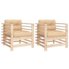 Velaro Garden Natural Solid Pinewood Armchairs with Beige Cushions in Pair - UK