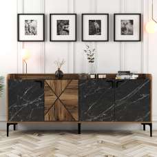 Venedik Wooden Sideboard with 4 Doors in Walnut and Black Marble Effect - UK