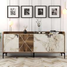 Venedik Wooden Sideboard with 4 Doors in Walnut and White Marble Effect - UK