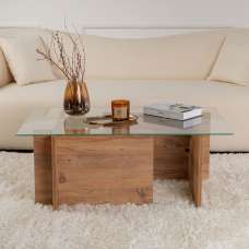 Vetrio Rectangular Clear Glass Coffee Table with Atlantic Pine Wooden Base - UK