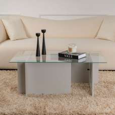 Vetrio Rectangular Clear Glass Coffee Table with Grey Wooden Base - UK