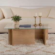 Vetrio Rectangular Clear Glass Coffee Table with Honey Oak Wooden Base - UK
