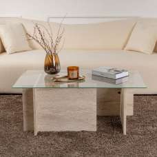 Vetrio Rectangular Clear Glass Coffee Table with Travertine Marble Effect Wooden Base - UK