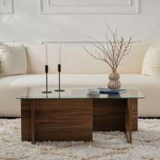 Vetrio Rectangular Clear Glass Coffee Table with Venezia Walnut Wooden Base - UK