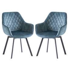 Viha Swivel Teal Velvet Dining Chairs In Pair - UK