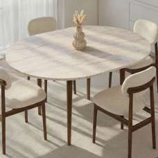 Vionael Oval Wooden Extending Dining Table in Travertine Marble Effect Walnut - UK