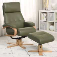 Viroqua Leather Recliner Chair With Stool In Olive Green - UK