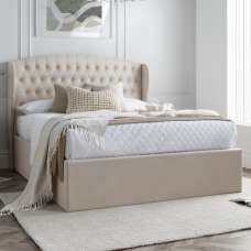 Warren Velvet Ottoman Storage King Size Bed In Oatmeal - UK