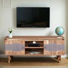 Wayne Acacia Wood TV Stand With 2 Doors In Natural And Grey - UK