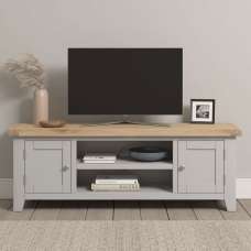 Wrenley Wooden TV Stand with 2 Doors in Pebble Grey and Oak - UK
