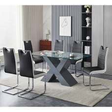 Zanti Glass Dining Table With Grey Base 6 Petra Grey White Chairs - UK