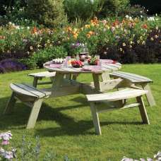 Zox Wooden Garden Round 8 Seater Picnic Table In Natural - UK