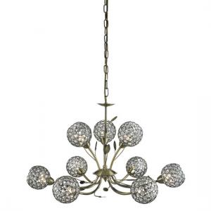 Bellis II 9 Lamp Antique Brass Ceiling Light With Crystal Balls