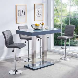 Caprice Glass Bar Table In Grey Gloss With 4 Ripple Stools