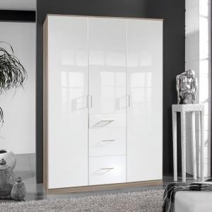 Alton Wardrobe In High Gloss White And Oak With 3 Door 3 Drawers