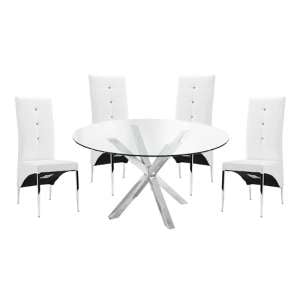 Crossley Round Glass Dining Table With 4 Vesta White Chairs