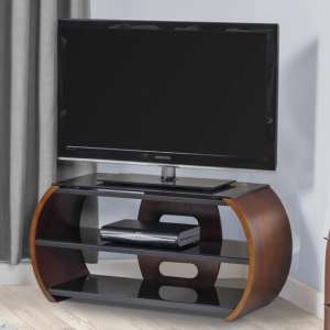 Curved LCD TV Stand In Black Glass Top And Walnut Veneer