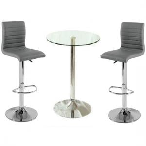 Gino Clear Glass Bar Table And 2 Ripple Charcoal Grey Bar Stools