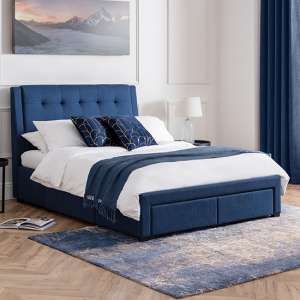 Fauna Linen Double Bed With 4 Drawers In Blue