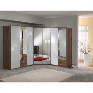 Gastineau Wardrobe In Walnut And White Gloss With Mirror Doors
