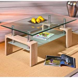 Loana Glass Coffee Table With Undershelf And Oak Legs