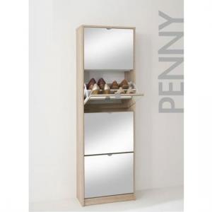Tall Wooden Shoe Cabinet With Mirrors In Oak