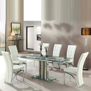 Rihanna Extending Glass Dining Table With 6 Ravenna White Chairs